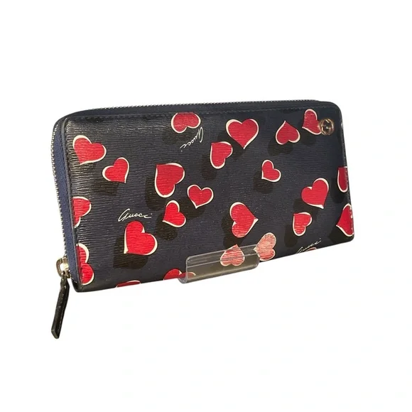Gucci Navy Heart Print Zip Around Wallet Red Hearts Leather COA - Picture 4 of 10